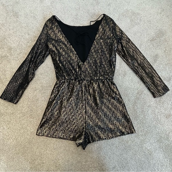 ZARA evening collection gold black metallic sequin long sleeve romper Sz XS - Picture 7 of 15